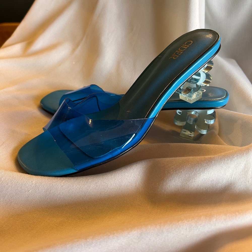 Blue glass mules, flower heels. NEW!  Ready for spring/ summer dresses  size 38